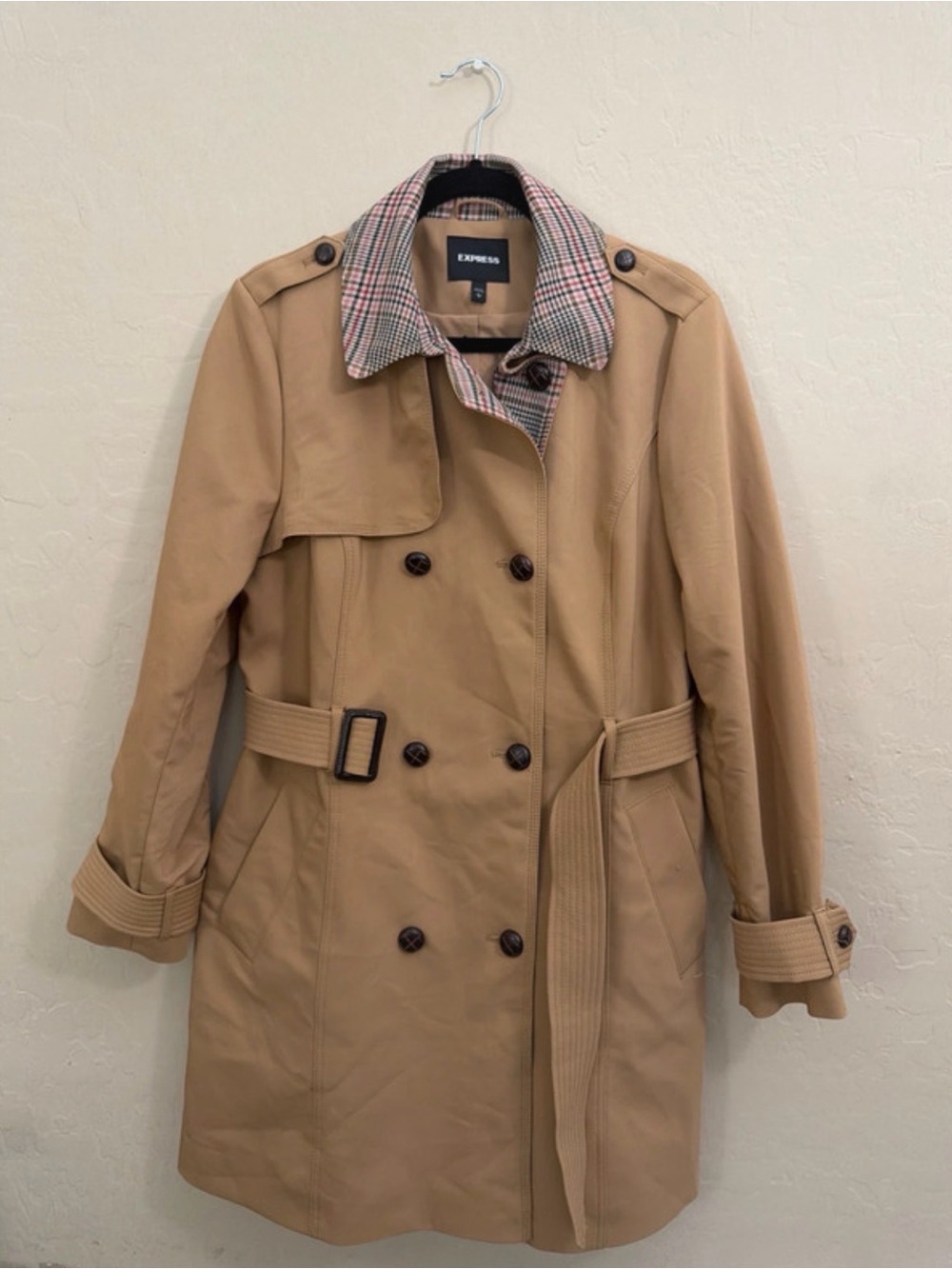 Express Women's Khaki Double-Breasted Trench Coat with Plaid Lining